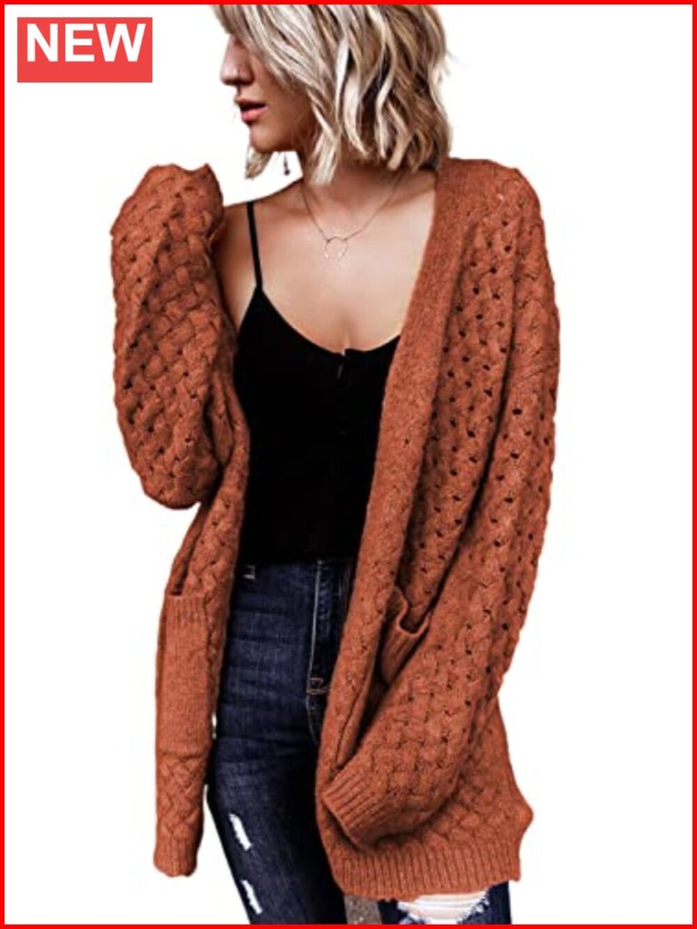 Women's Cable Knit Open Front Long Sleeve Cardigan Sweater with Pockets